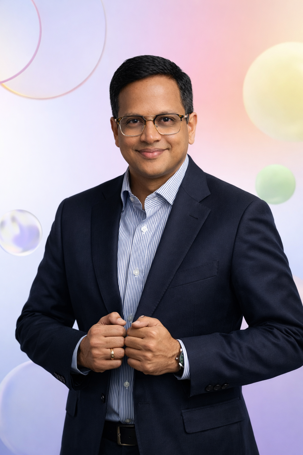 Digital Nimish, AI-Powered Digital Coach & Mentor · Impact Branding Hub, smiling in a dark blue blazer over a light striped shirt