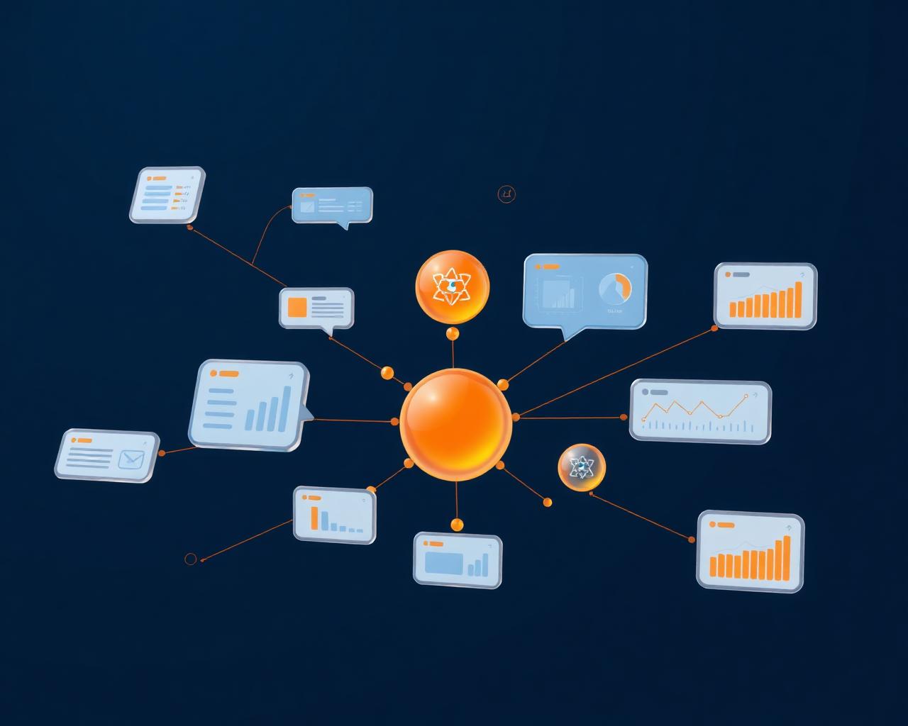 AI branding system: content, chat and analytics tools connected to one central automation hub